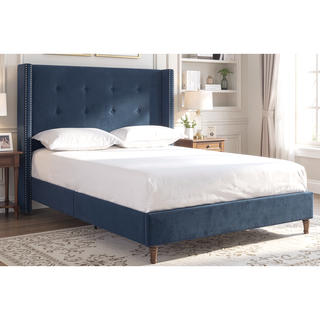 Sunvega Blue Velvet King Bed with Nailhead Trim Wingback and Buttoned Tufting