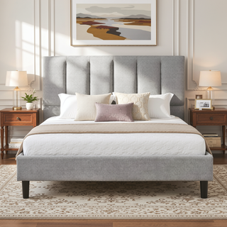 Sunvega Modern Channel Tufted Linen Upholstered Full Size Platform Bed Frame