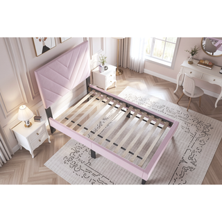 Sunvega Adjustable Velvet Upholstered Twin Bed with 12-Slat Support System