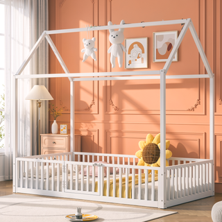 Sunvega White Twin Size Metal House Bed with Fence and Door for Kids