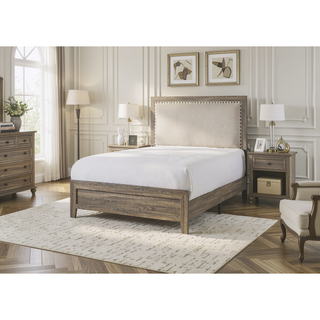 Sunvega Brown Cherry Finish Contemporary Fabric Panel Bed in One Box