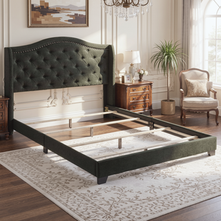 Sunvega Copper Beige Upholstered Queen Wingback Bed with Classic High Back Design