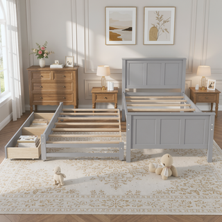 Sunvega Twin Size White Platform Bed with Trundle and Two Drawers for Storage