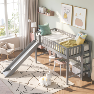 Sunvega Twin Size Low Loft Bed with Slide and Space Saving Ladder in Gray
