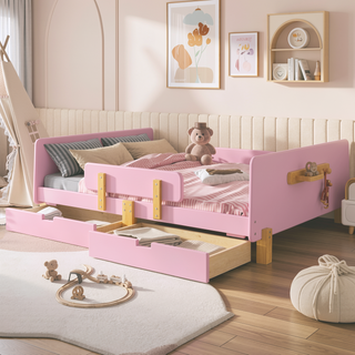 Sunvega Twin Size Solid Wood Platform Bed with Storage Drawers and Guardrail