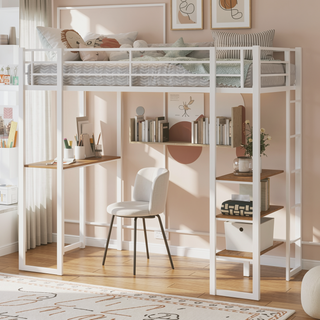 Sunvega Iron Frame Bunk Bed with L-Shaped Desk Stairs on Both Sides for Kids