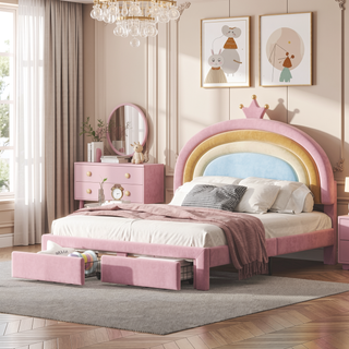 Sunvega Full Size Velvet Upholstered Rainbow Princess Platform Bed with Storage Drawer