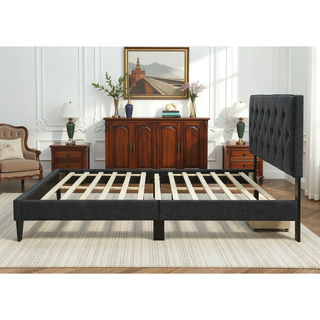 Sunvega Queen Upholstered Pleated Bed in a Box with Sturdy Dark Brown Frame