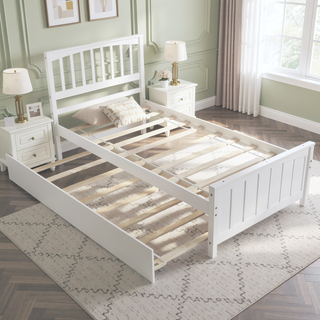 Sunvega White Twin Size Wood Platform Bed with Trundle for Maximized Space