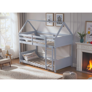 Sunvega Twin Over Twin Wooden House Bunk Bed with Headboards Footboards Guardrails Ladder