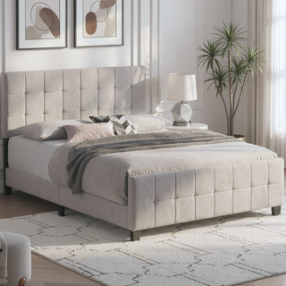 Sunvega Tufted Upholstered Queen Panel Bed with Grid Headboard and Footboard