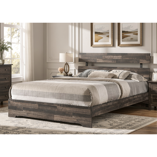 Sunvega Rustic Queen Platform Bed Slat Headboard with Brown Finish Wood Veneers