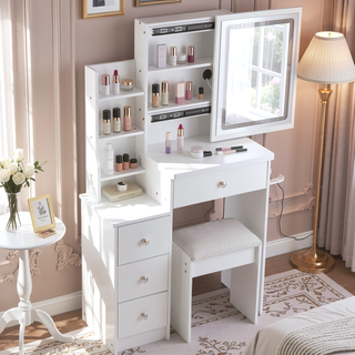Sunvega Small Space Left Bedside Cabinet Vanity Table with Cushioned Stool and Sliding Mirror
