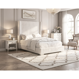 Sunvega Contemporary White Fur Chenille Fabric Mattress Ready Queen Size Bed