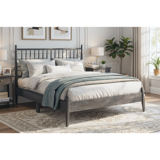 Sunvega Mid-Century Modern Design Full Platform Bed with Vertical Slats Headboard