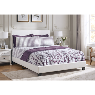 Sunvega Queen Upholstered Bed Frame in Soft White Leather-Look Material