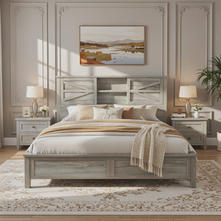 Sunvega Full Size Farmhouse Platform Bed with Double Sliding Barn Door and Charging Station