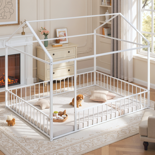 Sunvega Full Size Playhouse Metal Bed Frame with Fence for Kids and Teens
