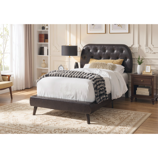Sunvega Upholstered Twin Size Bed with Brown Leather Look Headboard and Wood Legs