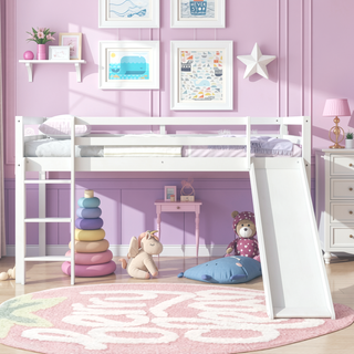 Sunvega Grey Twin Low Loft Bed with Slide, Ladder, and Safety Guardrails