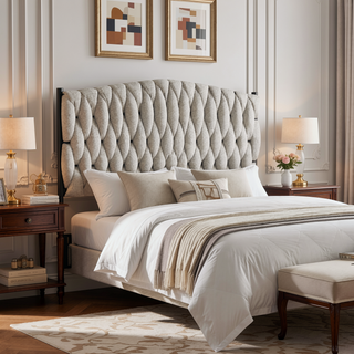 Sunvega Braided Matisse Twin Size Headboard in Black Metal and Cream Fabric