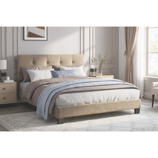 Sunvega Light Brown Velvet Upholstered Queen Platform Bed with Adjustable Height Headboard