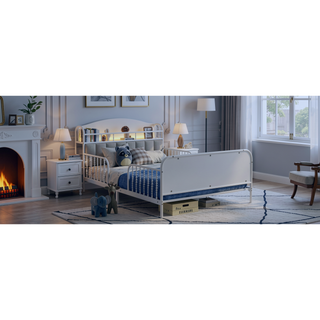 Sunvega Kids Full Metal Bed with Upholstered Headboard LED Lights and Storage