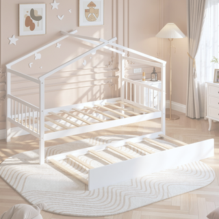 Sunvega Twin Size Wooden House Bed with Trundle and Headboard for Kids Room