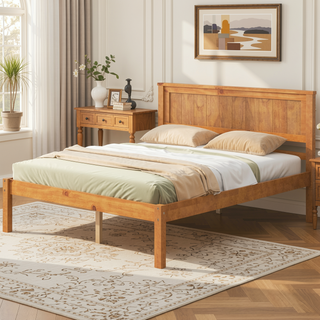 Sunvega Sturdy Wood Platform Bed Frame with Headboard for Queen Size Oak Finish