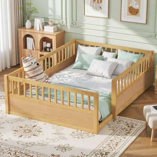 Sunvega Montessori Wooden Children's Floor Bed Frame with High Safety Fence