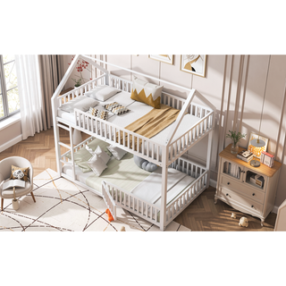 Sunvega Sturdy Metal Twin over Twin House Bunk Bed with Fence and Door