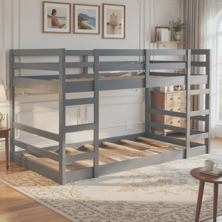 Sunvega Full Over Full Bunk Bed with Ladder in Solid Pine Wood Frame