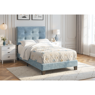 Sunvega Twin Size Upholstered Platform Bed Frame in Light Blue Velvet