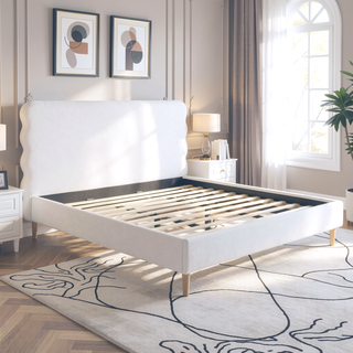 Sunvega Retro Modern Wavy Headboard Platform Bed with Upholstered Frame in Antique White