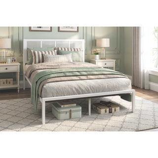 Sunvega White Faux Cane Panel Headboard King Platform Bed with Metal Frame