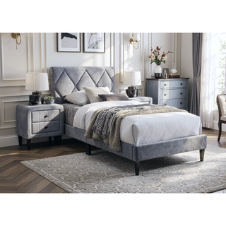 Sunvega Modern Grey Velvet Tufted Headboard Twin Size Youth Bed Frame