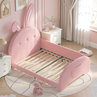 Sunvega Twin Size Upholstered Rabbit-Shape Princess Platform Bed with Headboard