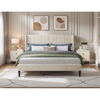 Sunvega Modern Minimalist Linen Upholstered Wingback Bed with Panel-Tufted Headboard