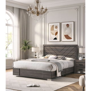 Sunvega Contemporary Grey Finish Queen Size Bed with Clean Lines Headboard