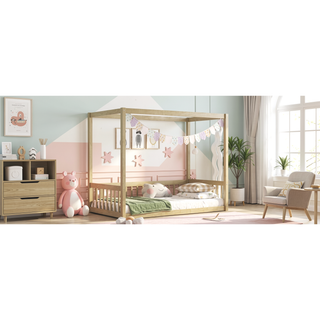 Sunvega Twin Size Canopy Frame Floor Bed with Guardrails and Natural Wood