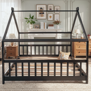 Sunvega Full Size Playhouse Design Wood Bed with Roof for Kids Room