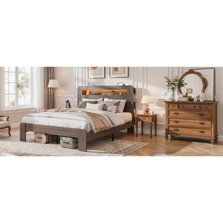 Sunvega Full Size Wood Platform Bed Frame with Storage LED Headboard and USB Charging Station