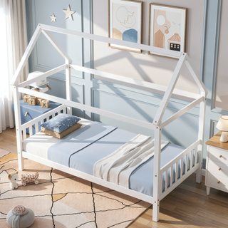 Sunvega Twin Rubber Wood House Bed with Headboard and Footboard in Light Grey