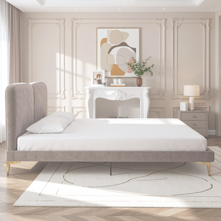 Sunvega King Size Velvet Upholstered Bed with Foam-Padded Headboard and Gold-Plated Legs