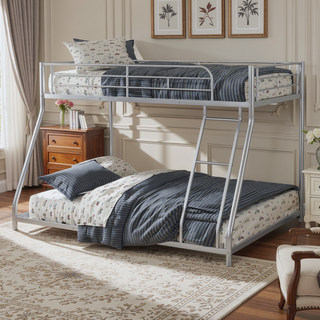 Sunvega Twin Over Full Metal Bunk Bed with Angled Ladder in Silver Contemporary Style