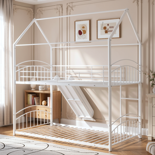 Sunvega Twin Over Twin Metal Bunk Bed With Slide And Removable Playhouse Roof