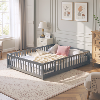 Sunvega Twin Size Floor Bed with Safety Guardrails and Door for Children