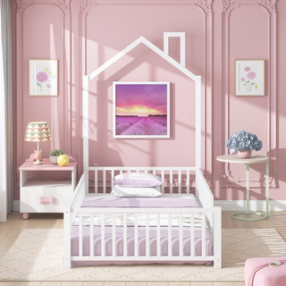 Sunvega White Twin Size House Platform Bed with Guardrail and Chimney