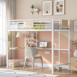 Sunvega Twin Metal Loft Bed with Desk and Shelve in Clean White Finish