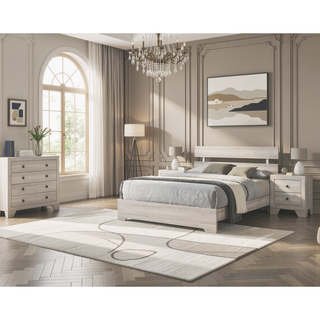 Sunvega Rustic Contemporary Platform Bed Frame with White Wash Finish and Slat Headboard